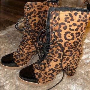 Leopard Print Lace-Up Ankle Boots